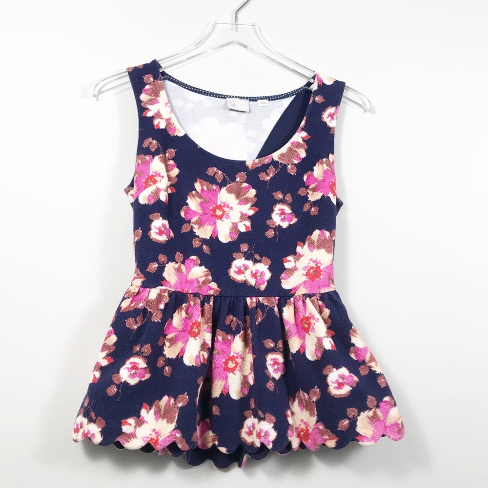 Anthropologie Navy Postmarked Floral Peplum Top